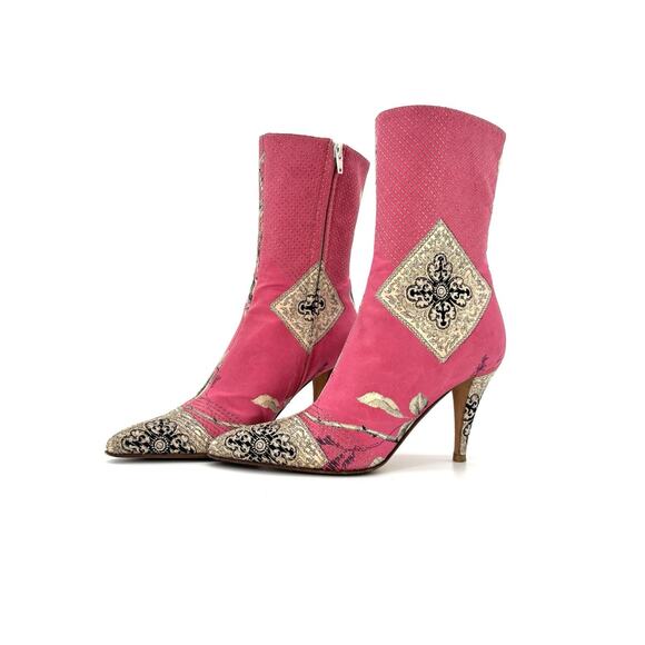 Roberto Cavalli Pink Patchwork Floral Print Pointed Toe Heeled Boots 38 - Picture 1 of 9